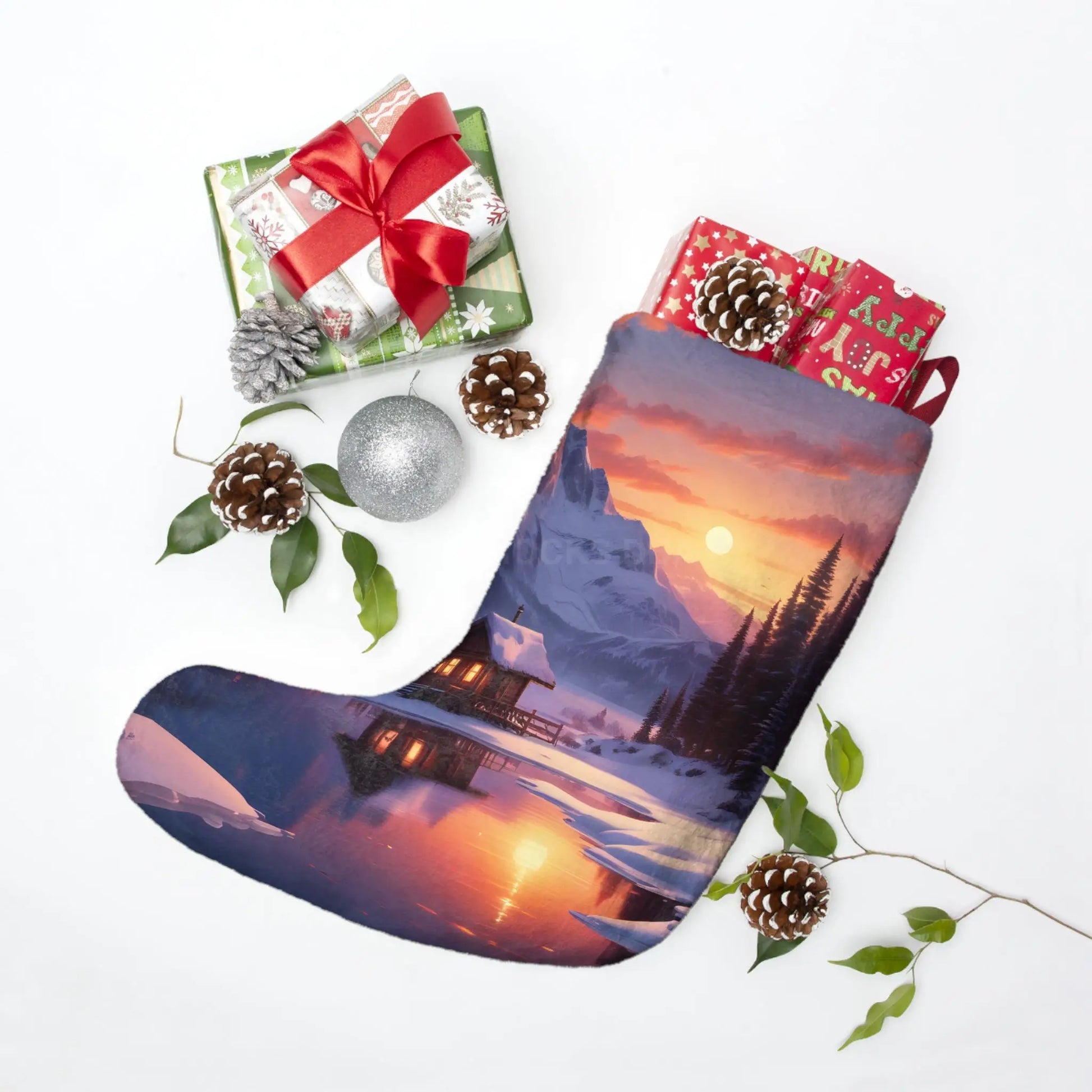 Scenic Winter Cabin Christmas Stocking - One size - Home Decor