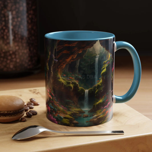 Secret Underground Waterfall Coffee Mug — Fantasy Forest Accent Mug (11/15 oz) - 11oz / Light Blue - Mug