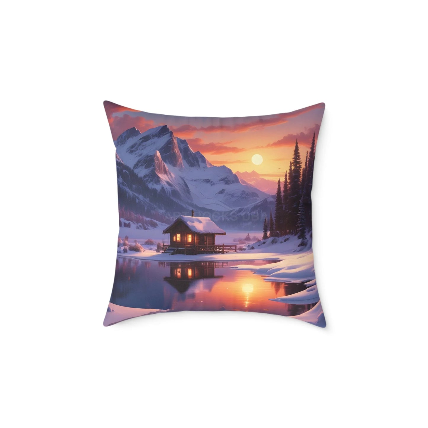 Serene Cabin on Snowy Lake Decorative Winter Pillow - 20’’ × 20’’ - Home Decor