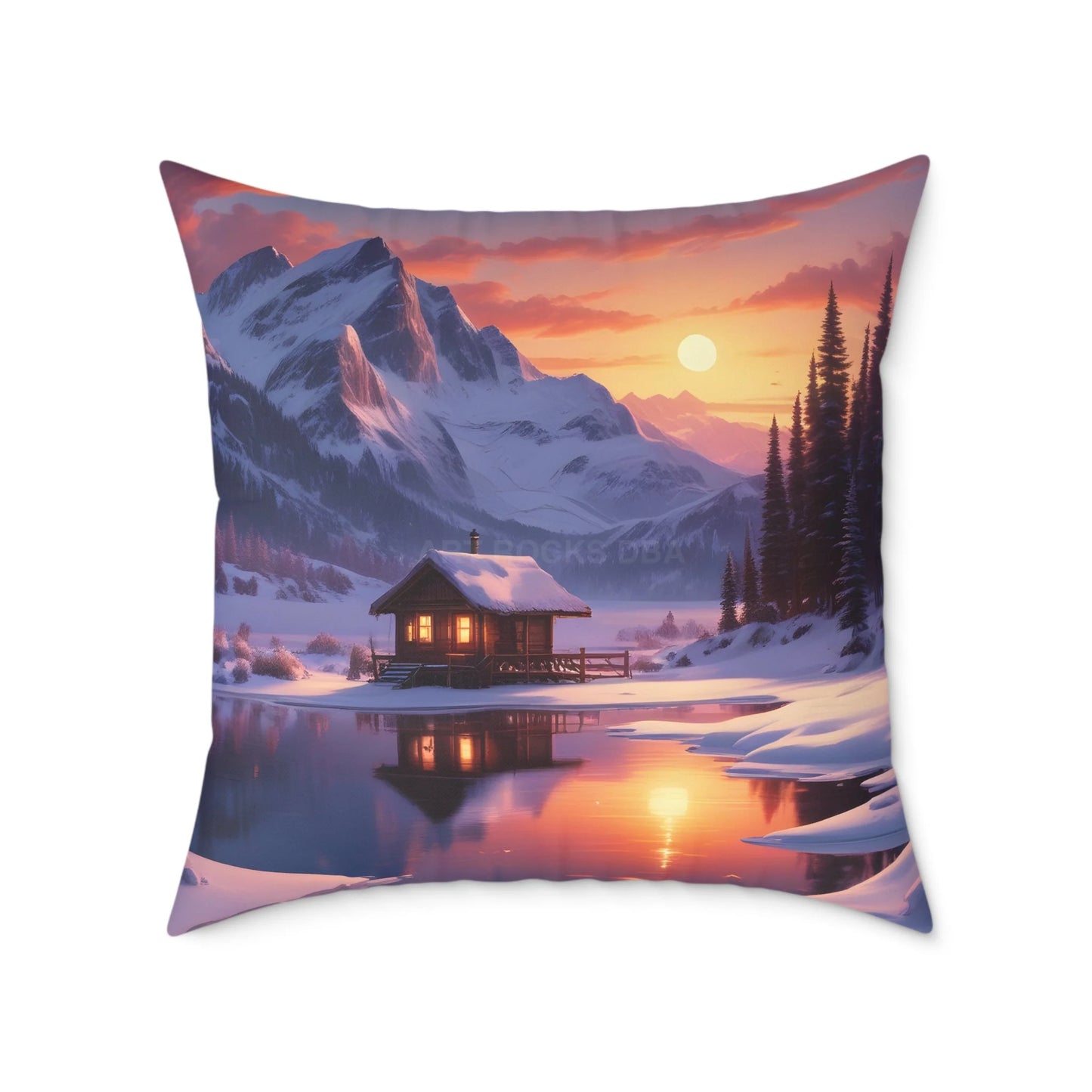 Serene Cabin on Snowy Lake Decorative Winter Pillow - 26’’ × 26’’ - Home Decor