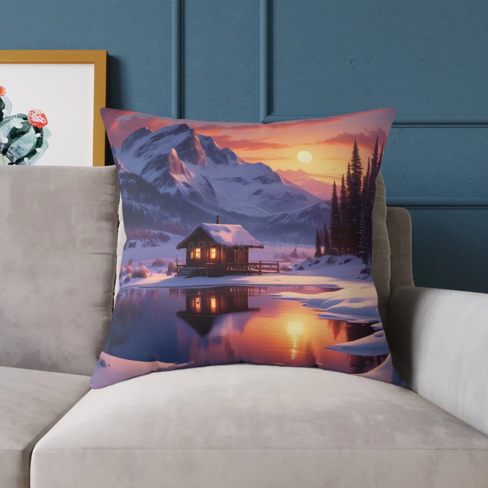 Serene Cabin on Snowy Lake Decorative Winter Pillow - Home Decor