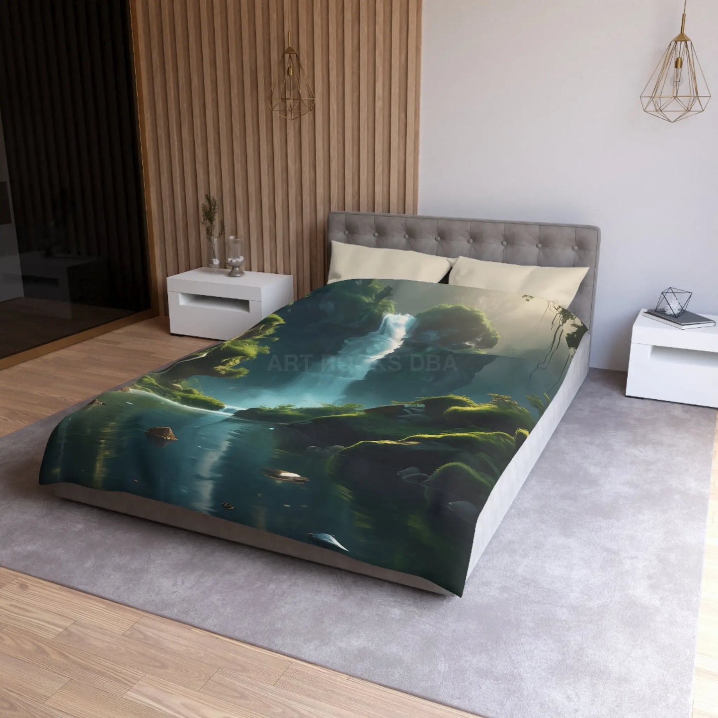 Serene Fern Waterfall Microfiber Duvet Cover - Dreamy Nature Bedding - Home Decor