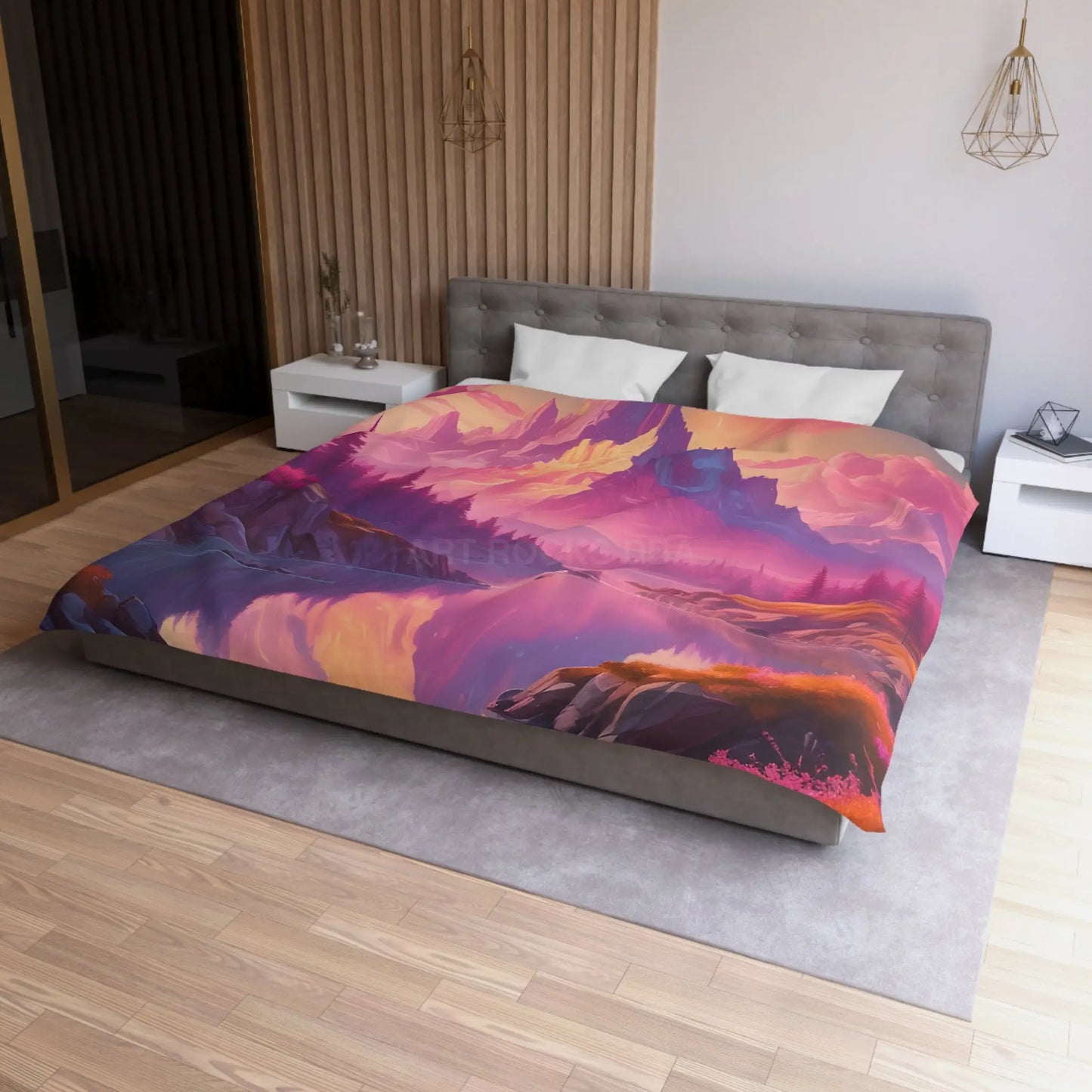 Serene Pink Fantasy Mountain Landscape Microfiber Duvet Cover Bohemian Bedspread Art Decor Cozy Bedroom Gift for Nature