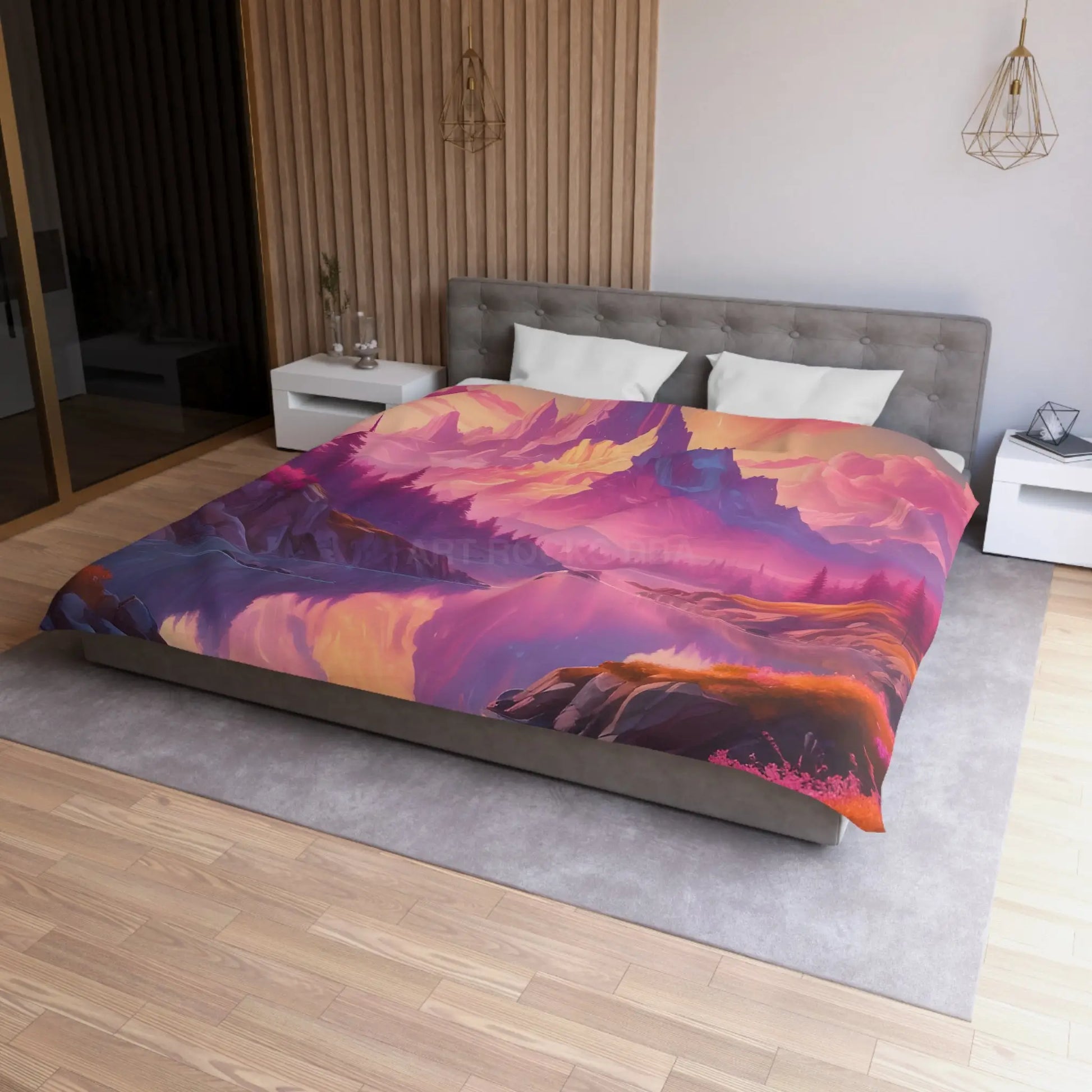 Serene Pink Fantasy Mountain Landscape Microfiber Duvet Cover Bohemian Bedspread Art Decor Cozy Bedroom Gift for Nature