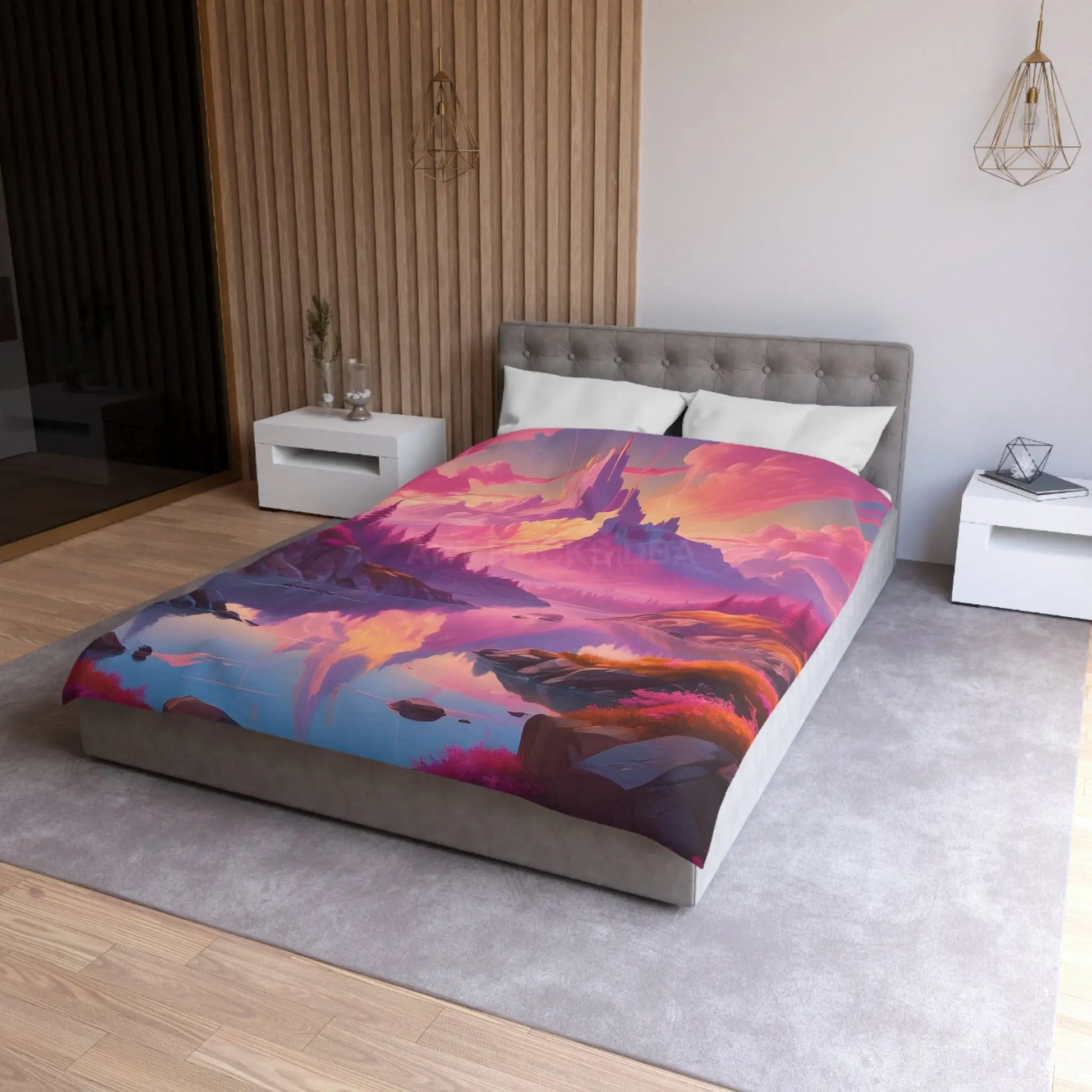 Serene Pink Fantasy Mountain Landscape Microfiber Duvet Cover Bohemian Bedspread Art Decor Cozy Bedroom Gift for Nature