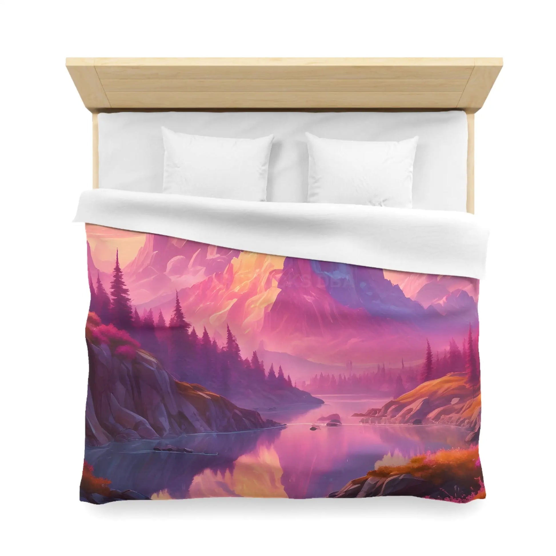 Serene Pink Fantasy Mountain Landscape Microfiber Duvet Cover Bohemian Bedspread Art Decor Cozy Bedroom Gift for Nature