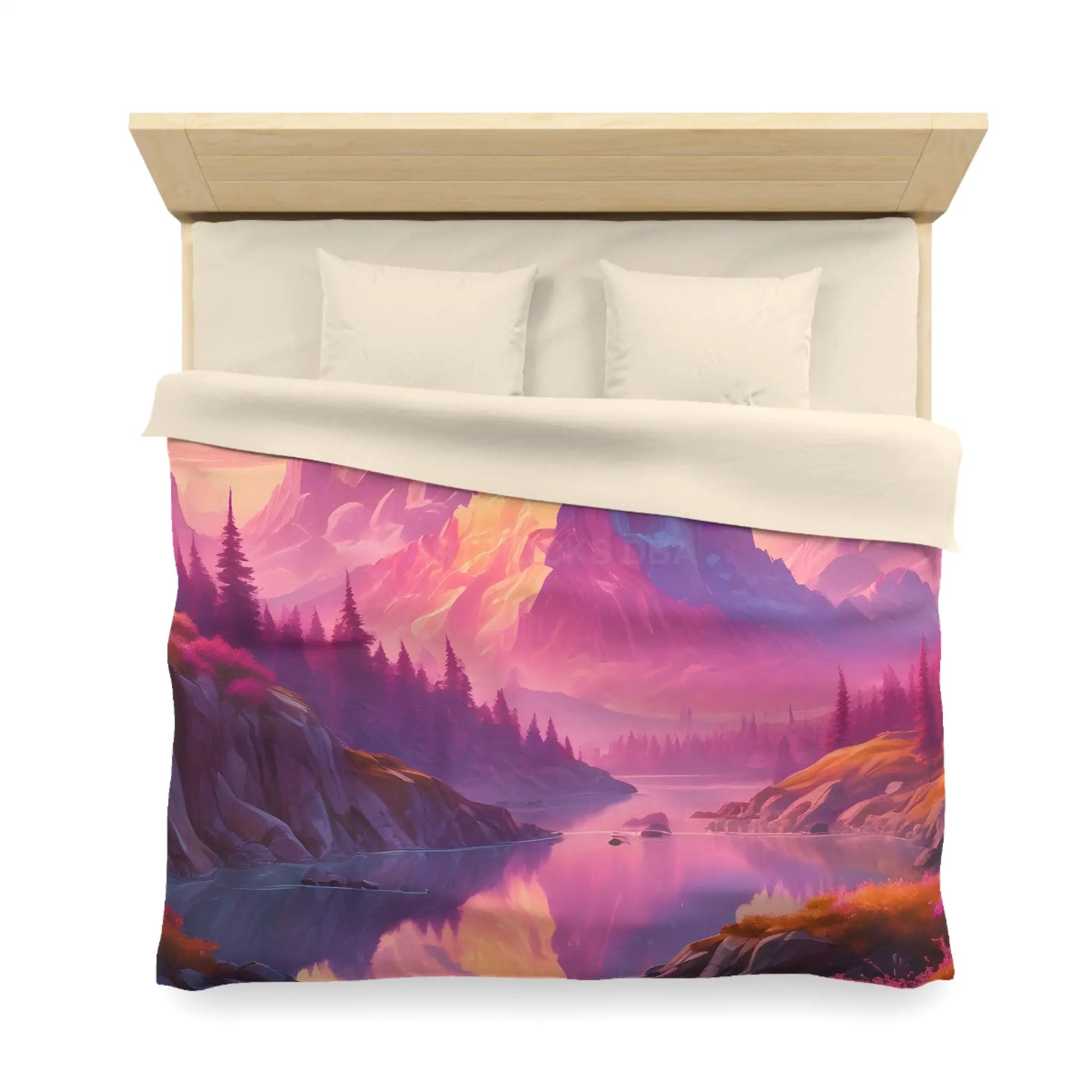 Serene Pink Fantasy Mountain Landscape Microfiber Duvet Cover Bohemian Bedspread Art Decor Cozy Bedroom Gift for Nature