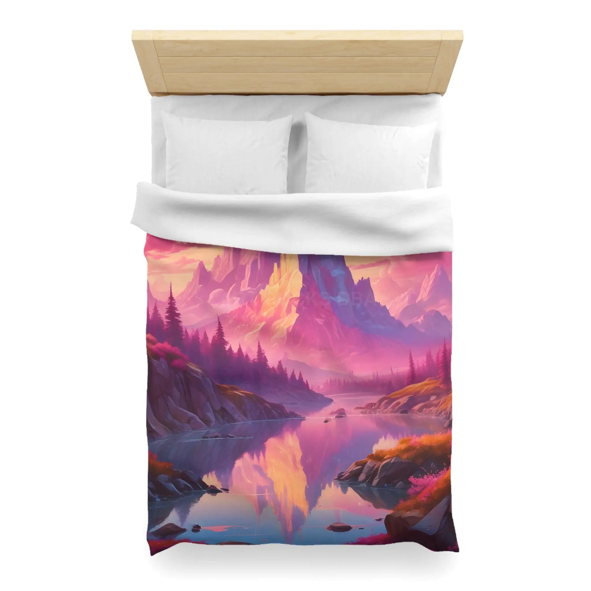 Serene Pink Fantasy Mountain Landscape Microfiber Duvet Cover Bohemian Bedspread Art Decor Cozy Bedroom Gift for Nature