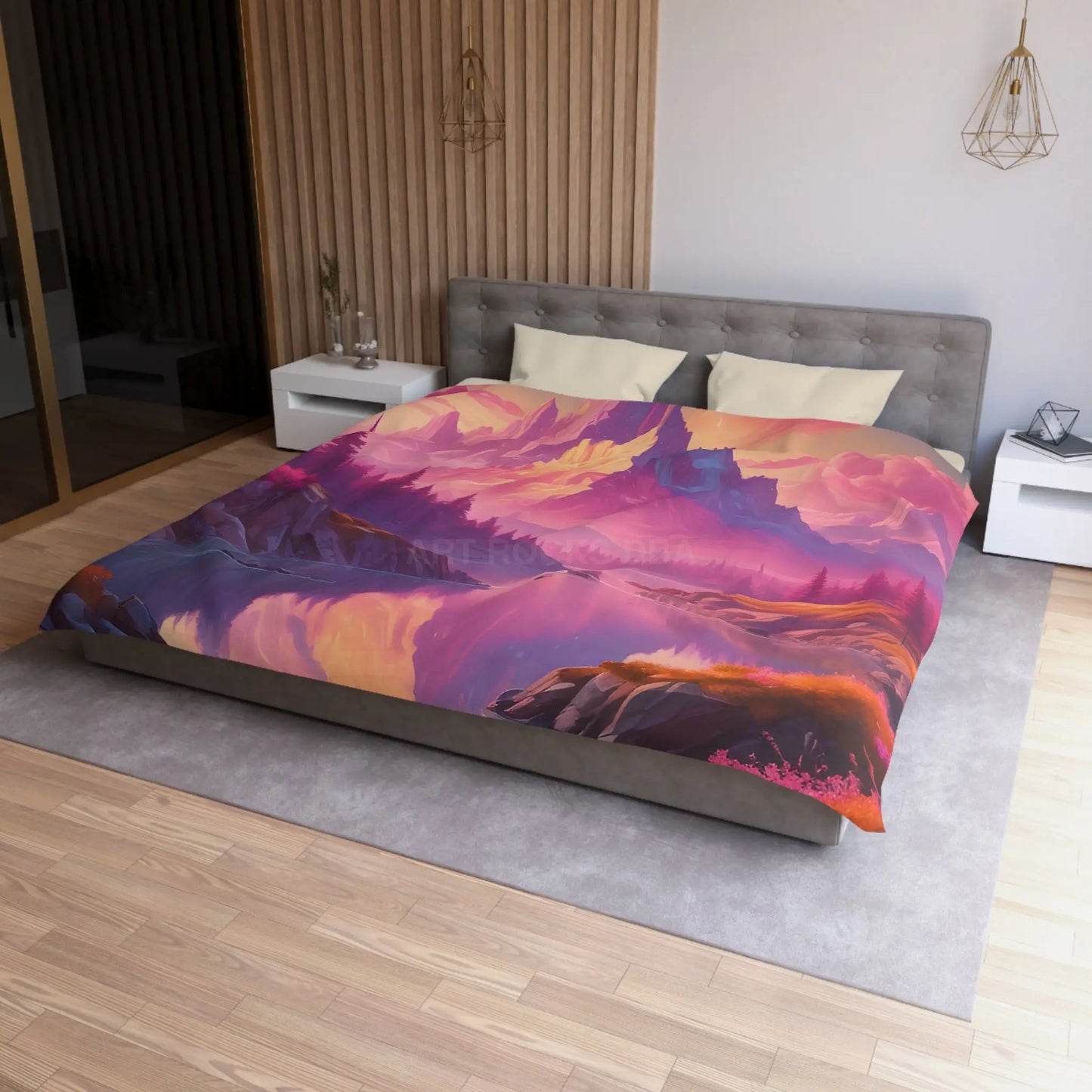 Serene Pink Fantasy Mountain Landscape Microfiber Duvet Cover Bohemian Bedspread Art Decor Cozy Bedroom Gift for Nature