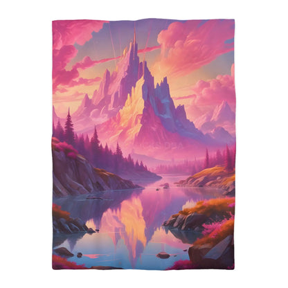 Serene Pink Fantasy Mountain Landscape Microfiber Duvet Cover Bohemian Bedspread Art Decor Cozy Bedroom Gift for Nature