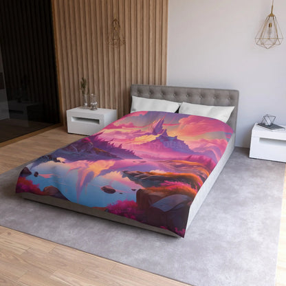 Serene Pink Fantasy Mountain Landscape Microfiber Duvet Cover Bohemian Bedspread Art Decor Cozy Bedroom Gift for Nature