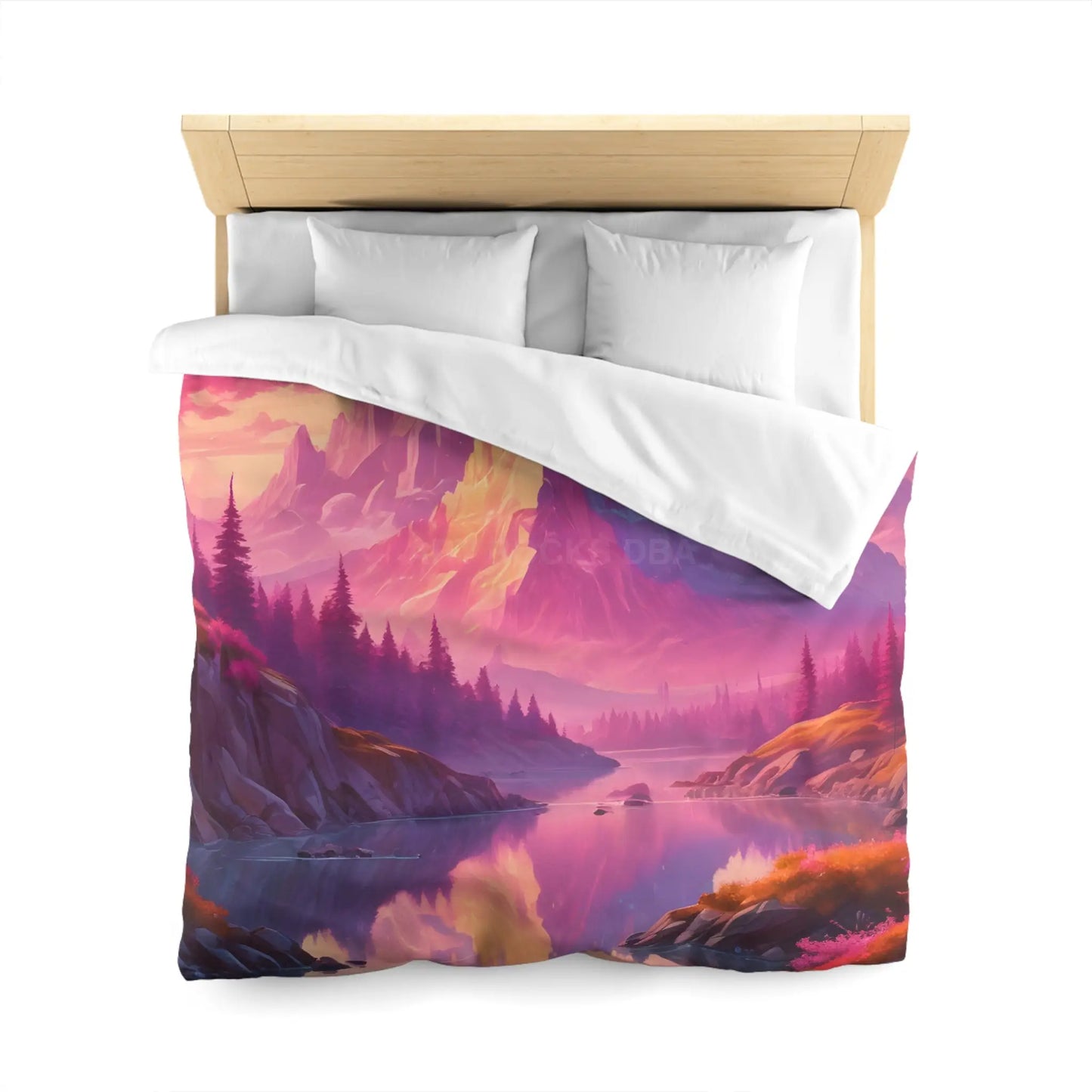 Serene Pink Fantasy Mountain Landscape Microfiber Duvet Cover Bohemian Bedspread Art Decor Cozy Bedroom Gift for Nature