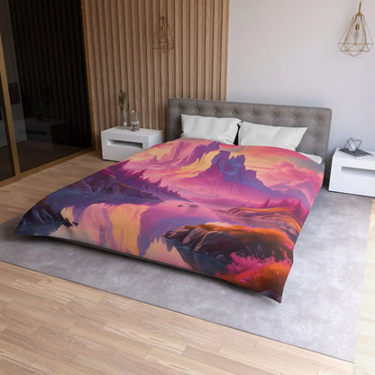Serene Pink Fantasy Mountain Landscape Microfiber Duvet Cover Bohemian Bedspread Art Decor Cozy Bedroom Gift for Nature