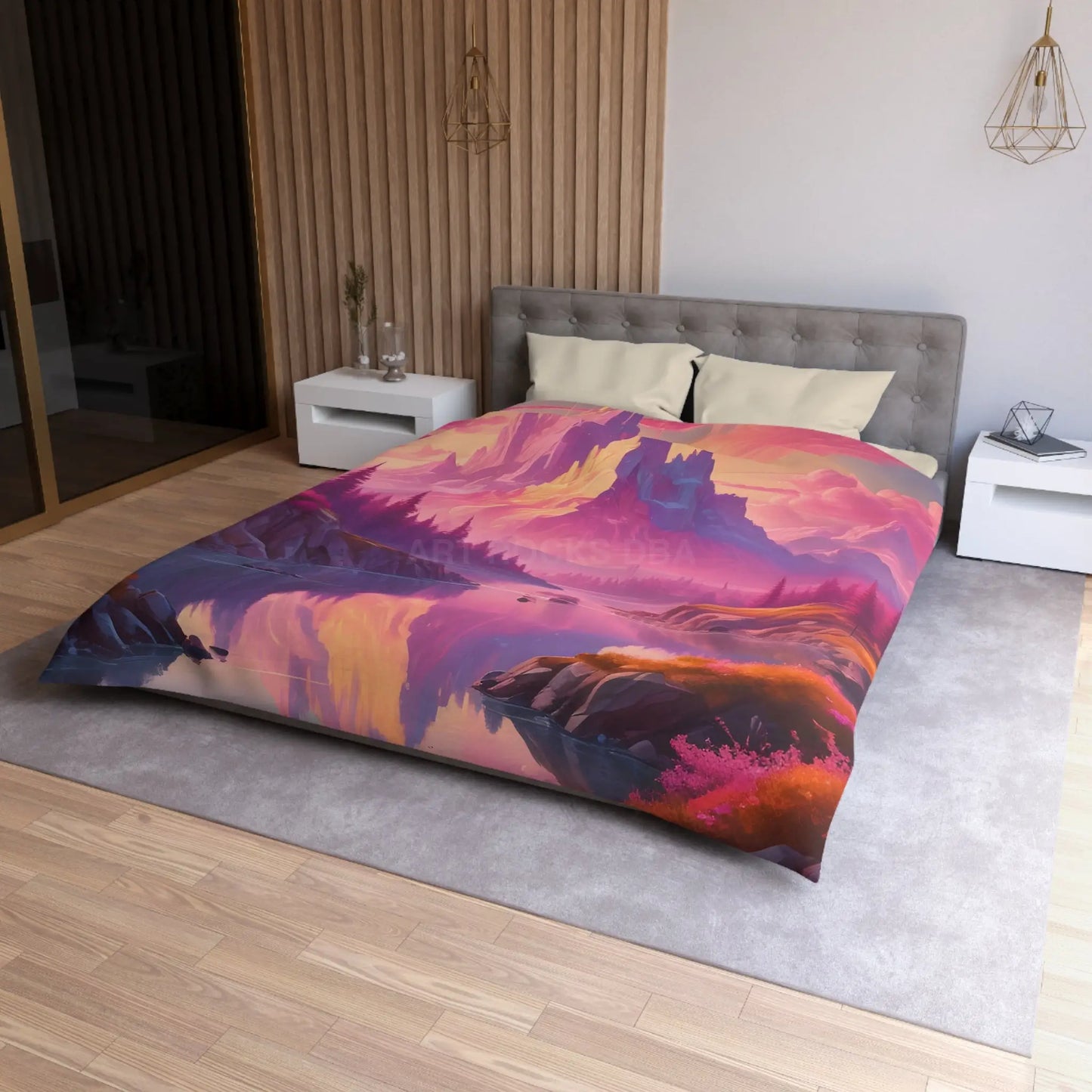 Serene Pink Fantasy Mountain Landscape Microfiber Duvet Cover Bohemian Bedspread Art Decor Cozy Bedroom Gift for Nature