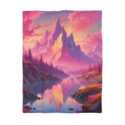 Serene Pink Fantasy Mountain Landscape Microfiber Duvet Cover Bohemian Bedspread Art Decor Cozy Bedroom Gift for Nature
