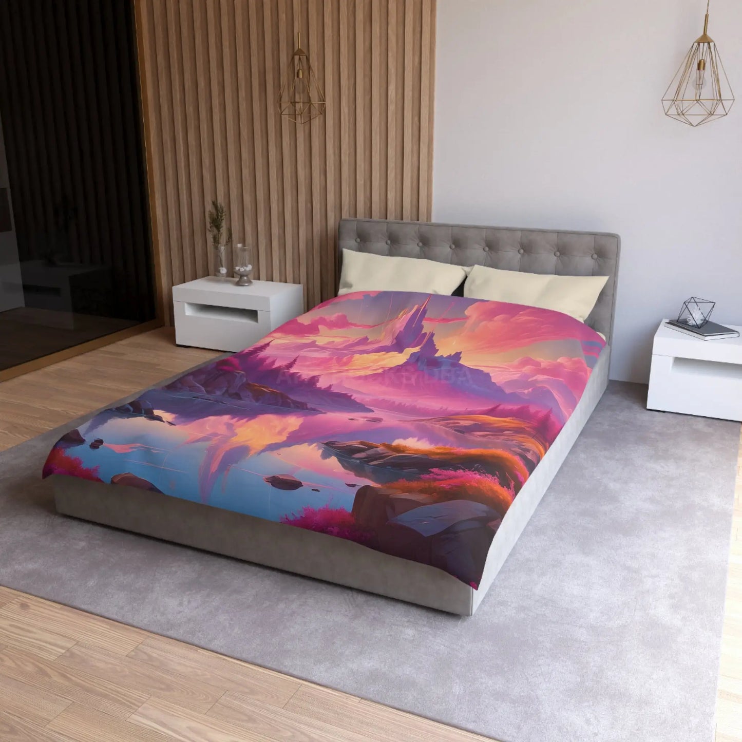 Serene Pink Fantasy Mountain Landscape Microfiber Duvet Cover Bohemian Bedspread Art Decor Cozy Bedroom Gift for Nature