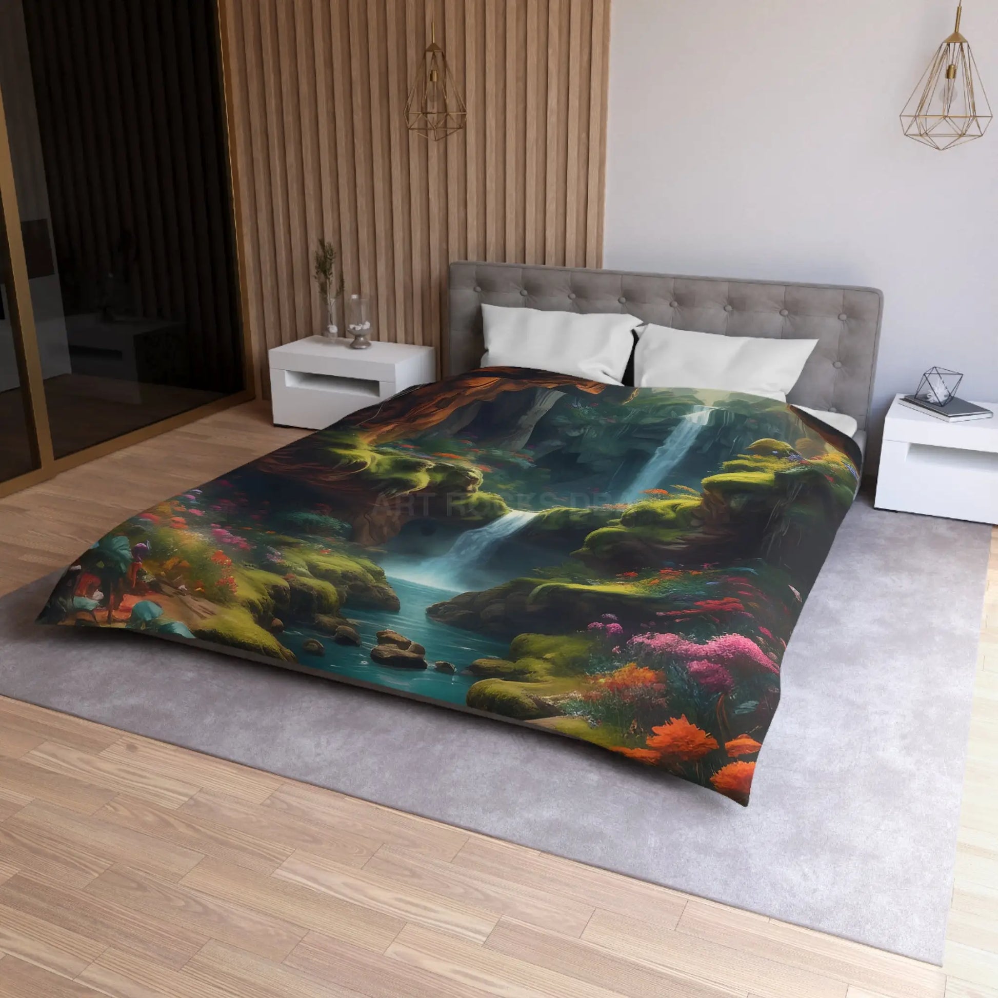 Serene Secret Underground World Microfiber Duvet Cover - Enchanted Waterfall Design - Home Decor