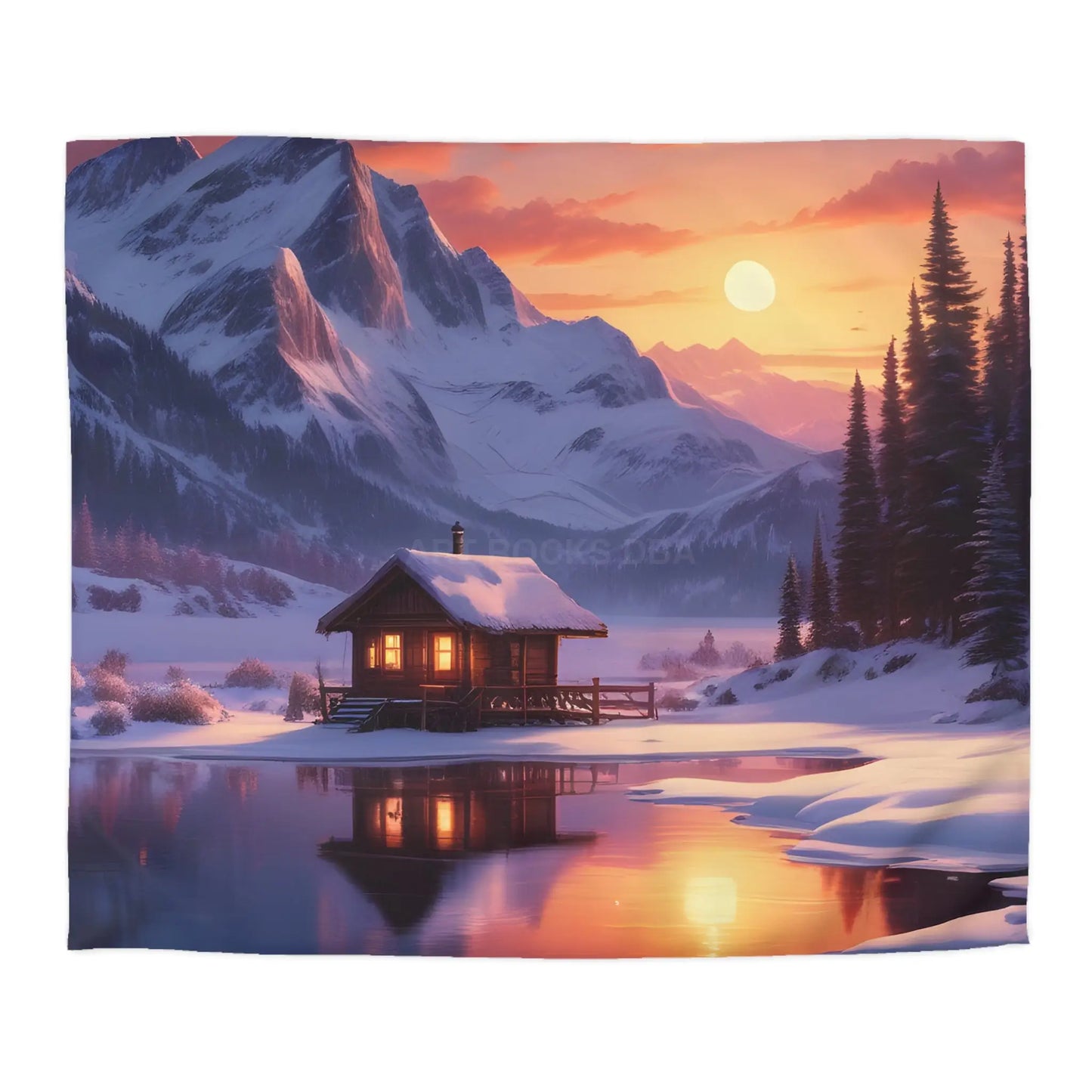 Serene Snowy Mountain Cabin Duvet Cover Cozy Bedroom Decor Winter Landscape Bedding Relaxing Home Textile Nature