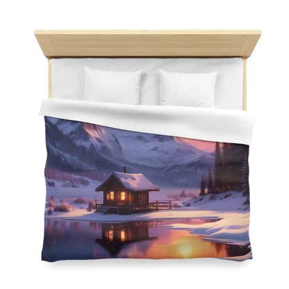 Serene Snowy Mountain Cabin Duvet Cover Cozy Bedroom Decor Winter Landscape Bedding Relaxing Home Textile Nature