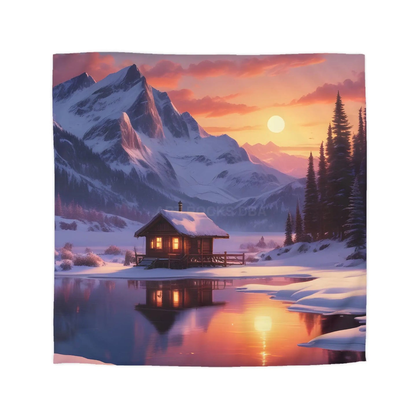 Serene Snowy Mountain Cabin Duvet Cover Cozy Bedroom Decor Winter Landscape Bedding Relaxing Home Textile Nature