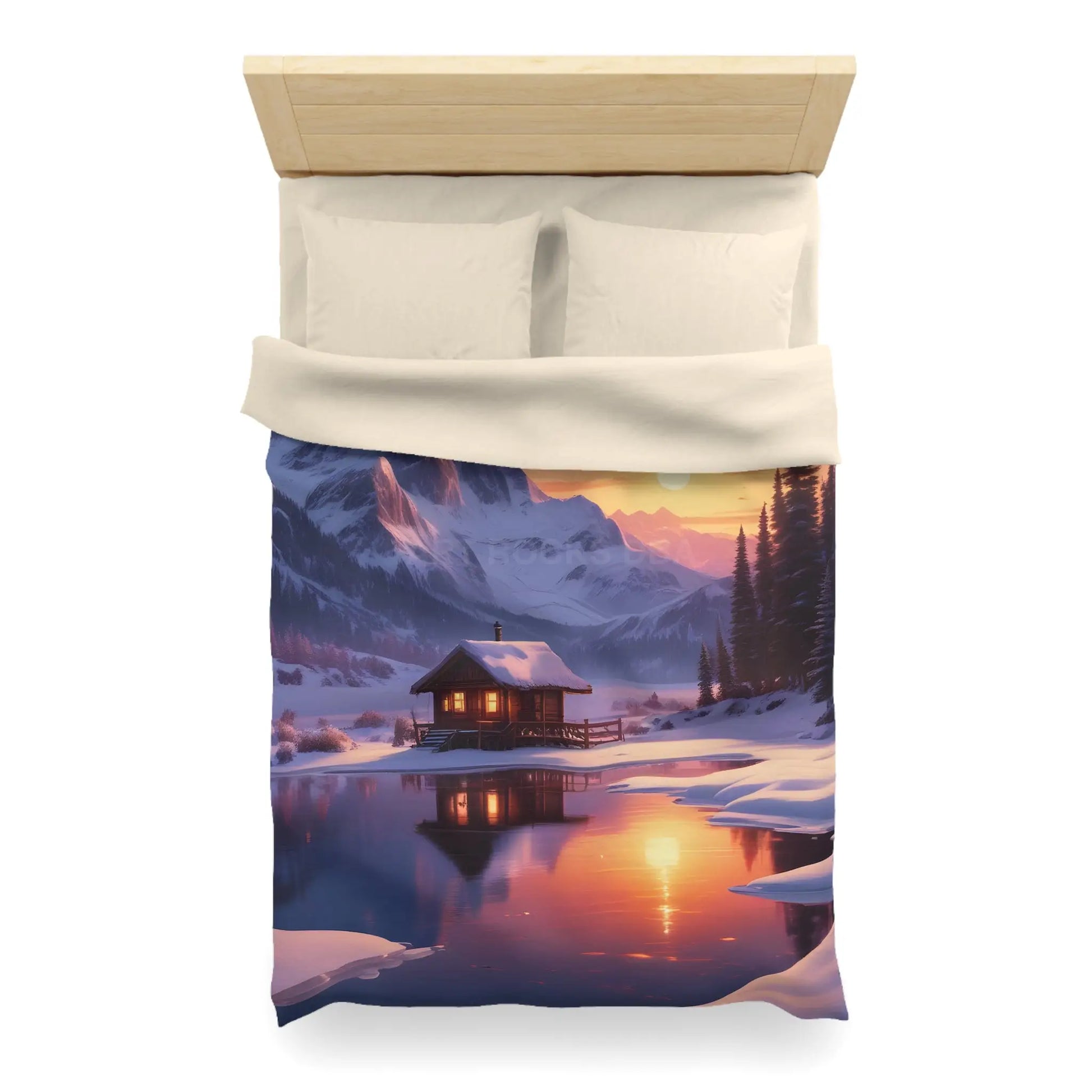 Serene Snowy Mountain Cabin Duvet Cover Cozy Bedroom Decor Winter Landscape Bedding Relaxing Home Textile Nature