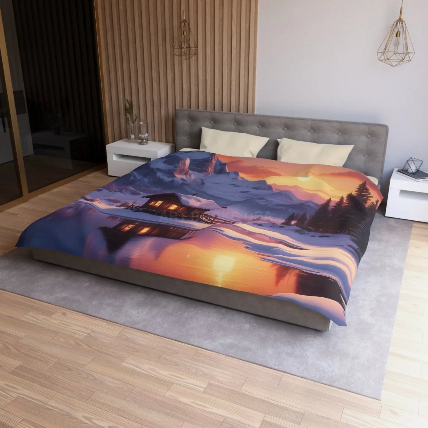 Serene Snowy Mountain Cabin Duvet Cover Cozy Bedroom Decor Winter Landscape Bedding Relaxing Home Textile Nature