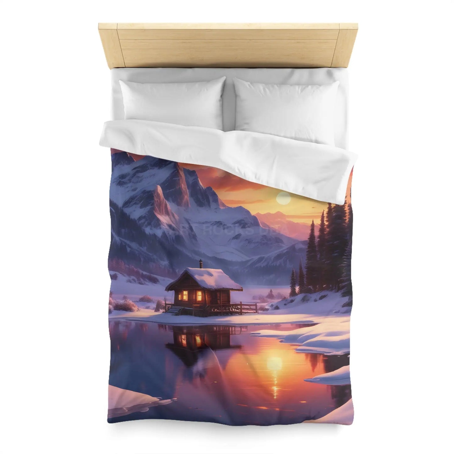 Serene Snowy Mountain Cabin Duvet Cover Cozy Bedroom Decor Winter Landscape Bedding Relaxing Home Textile Nature