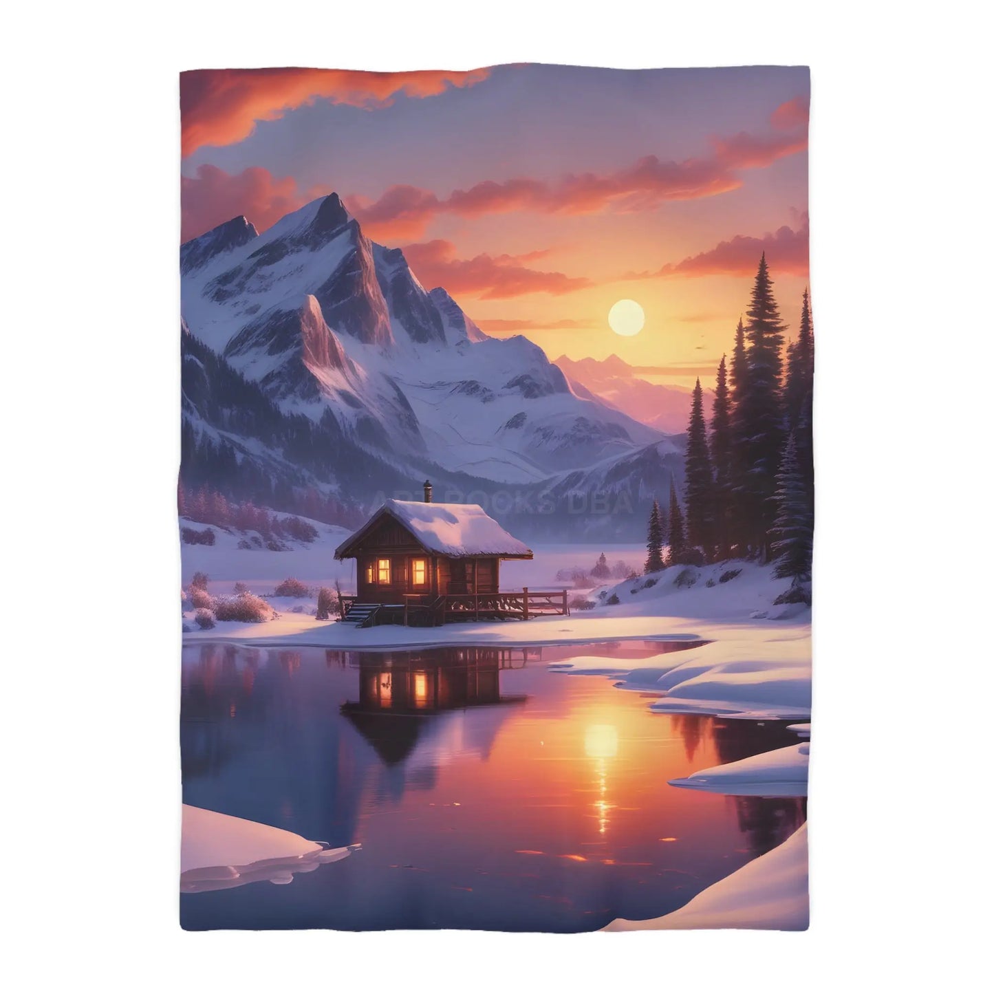 Serene Snowy Mountain Cabin Duvet Cover Cozy Bedroom Decor Winter Landscape Bedding Relaxing Home Textile Nature