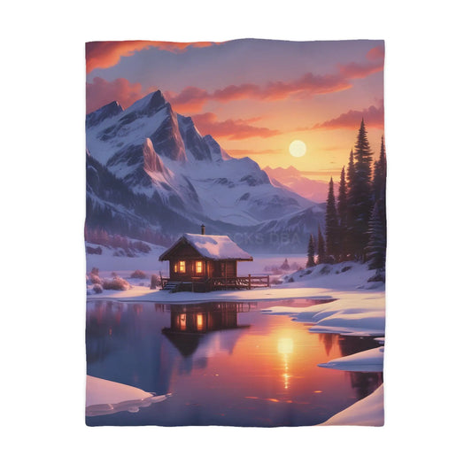 Serene Snowy Mountain Cabin Duvet Cover Cozy Bedroom Decor Winter Landscape Bedding Relaxing Home Textile Nature