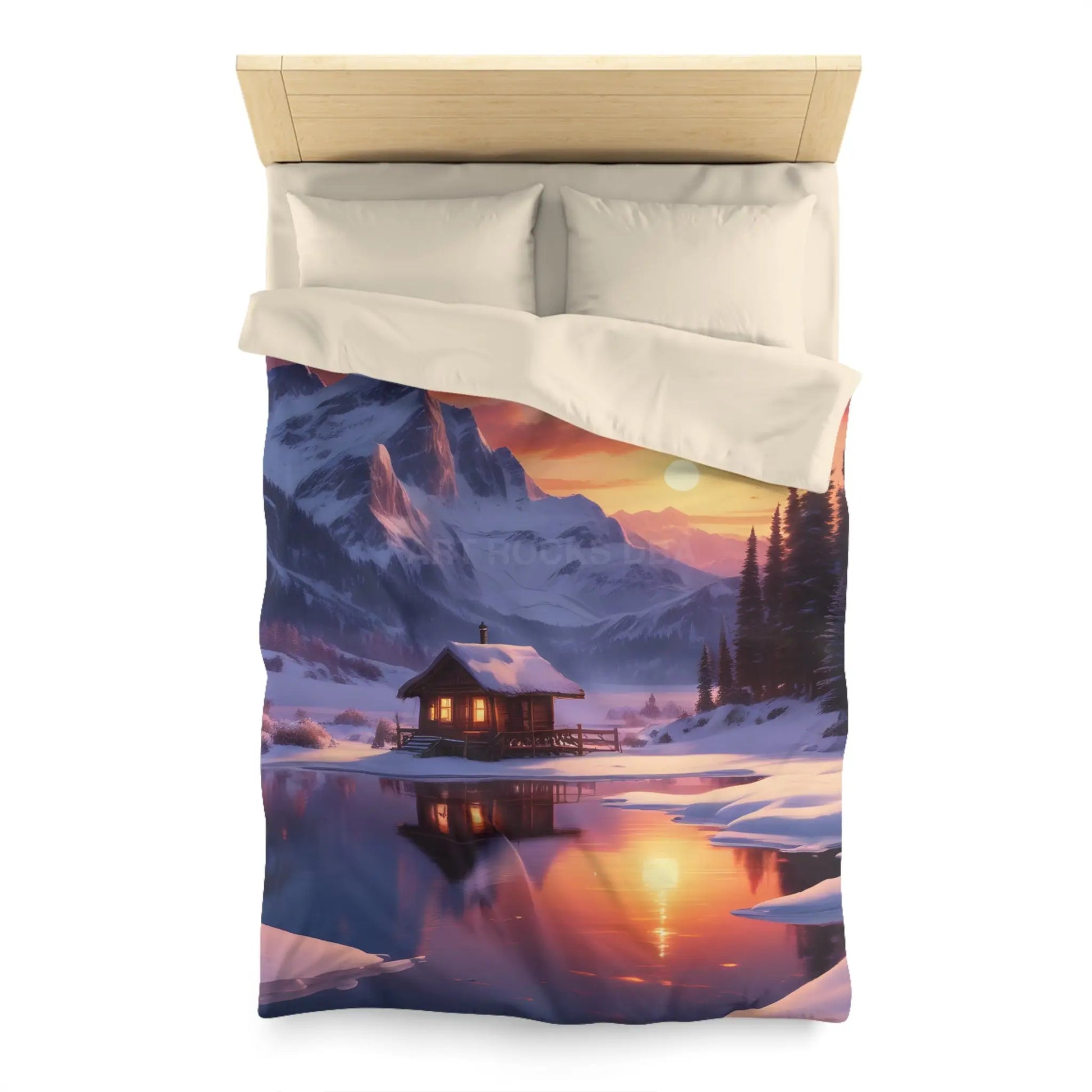 Serene Snowy Mountain Cabin Duvet Cover Cozy Bedroom Decor Winter Landscape Bedding Relaxing Home Textile Nature