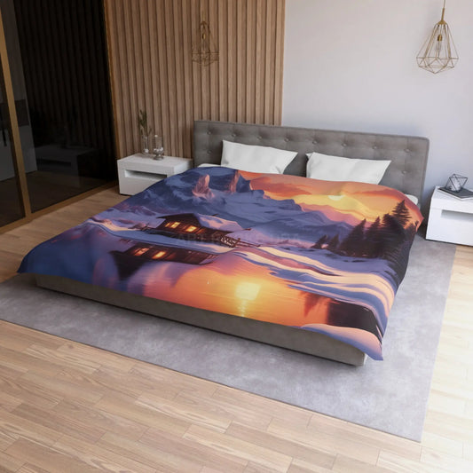 Serene Snowy Mountain Cabin Duvet Cover Cozy Bedroom Decor Winter Landscape Bedding Relaxing Home Textile Nature