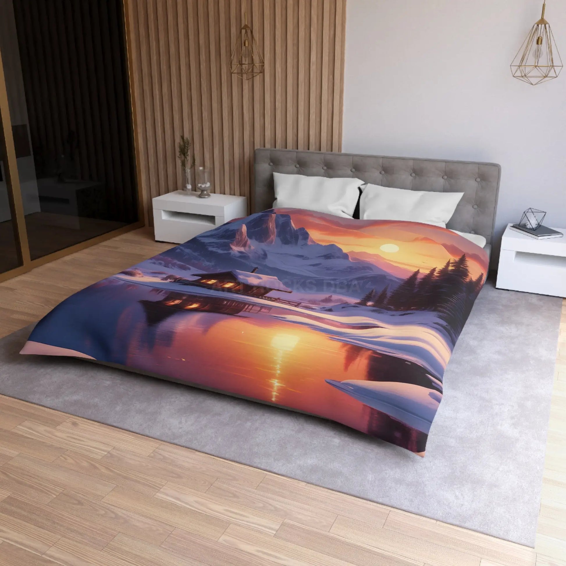 Serene Snowy Mountain Cabin Duvet Cover Cozy Bedroom Decor Winter Landscape Bedding Relaxing Home Textile Nature