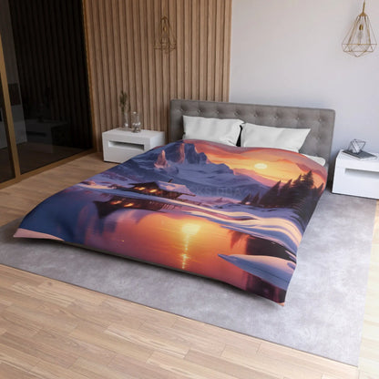 Serene Snowy Mountain Cabin Duvet Cover Cozy Bedroom Decor Winter Landscape Bedding Relaxing Home Textile Nature