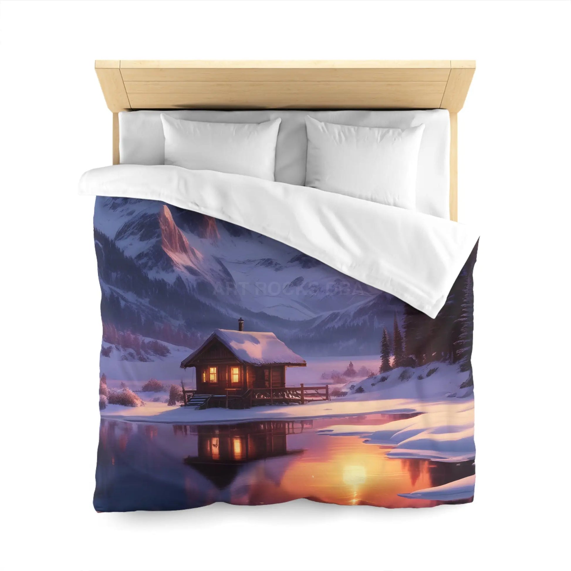 Serene Snowy Mountain Cabin Duvet Cover Cozy Bedroom Decor Winter Landscape Bedding Relaxing Home Textile Nature