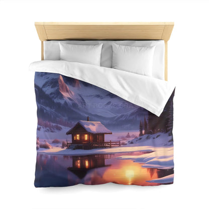 Serene Snowy Mountain Cabin Duvet Cover Cozy Bedroom Decor Winter Landscape Bedding Relaxing Home Textile Nature