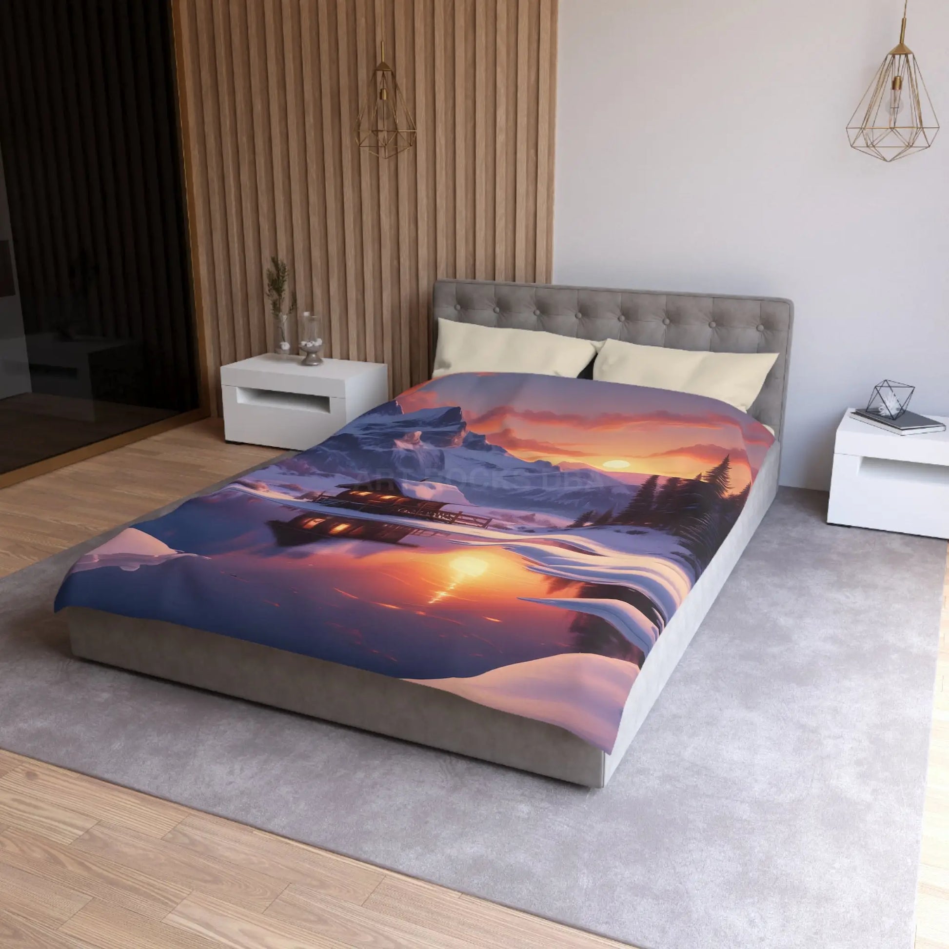 Serene Snowy Mountain Cabin Duvet Cover Cozy Bedroom Decor Winter Landscape Bedding Relaxing Home Textile Nature