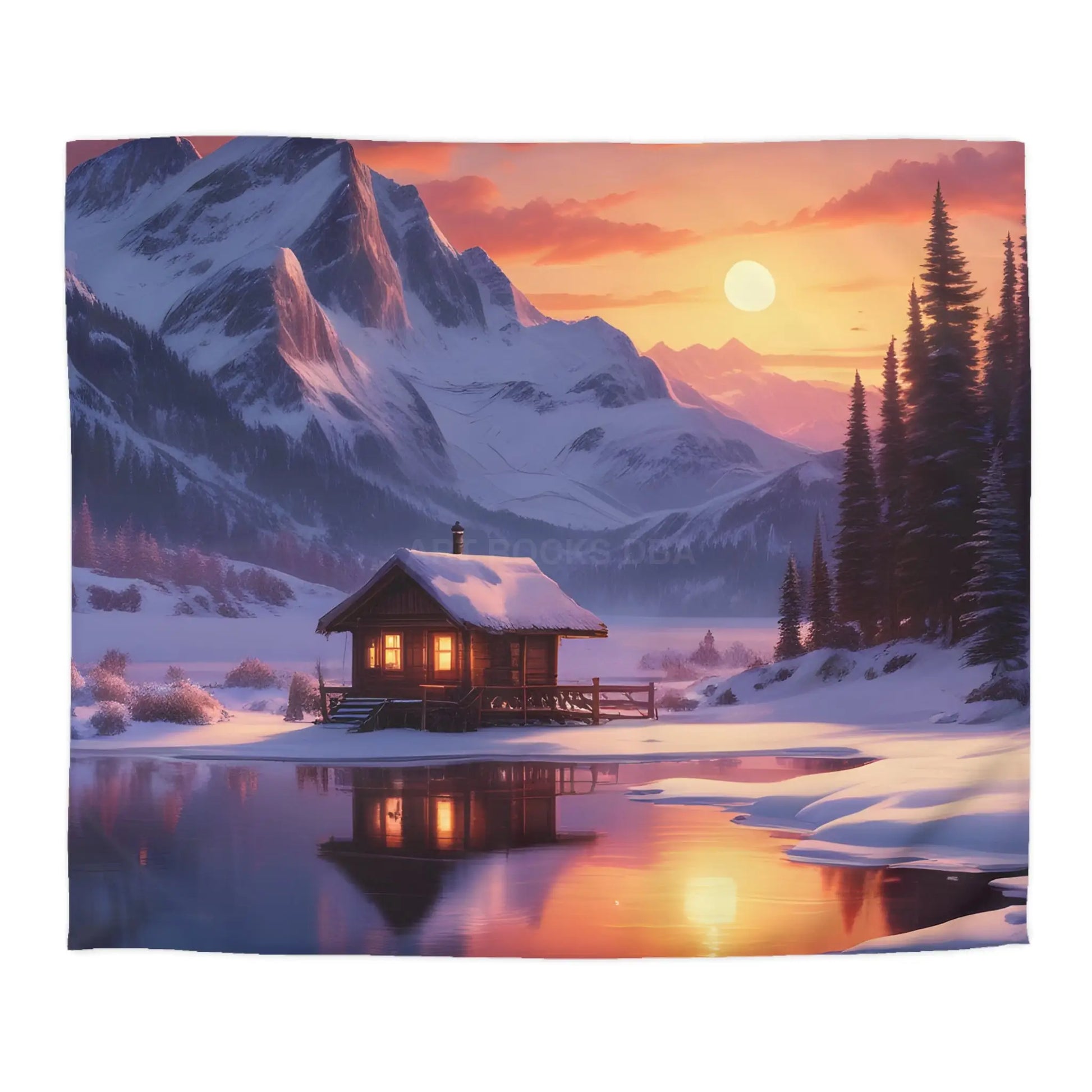 Serene Snowy Mountain Cabin Duvet Cover Cozy Bedroom Decor Winter Landscape Bedding Relaxing Home Textile Nature