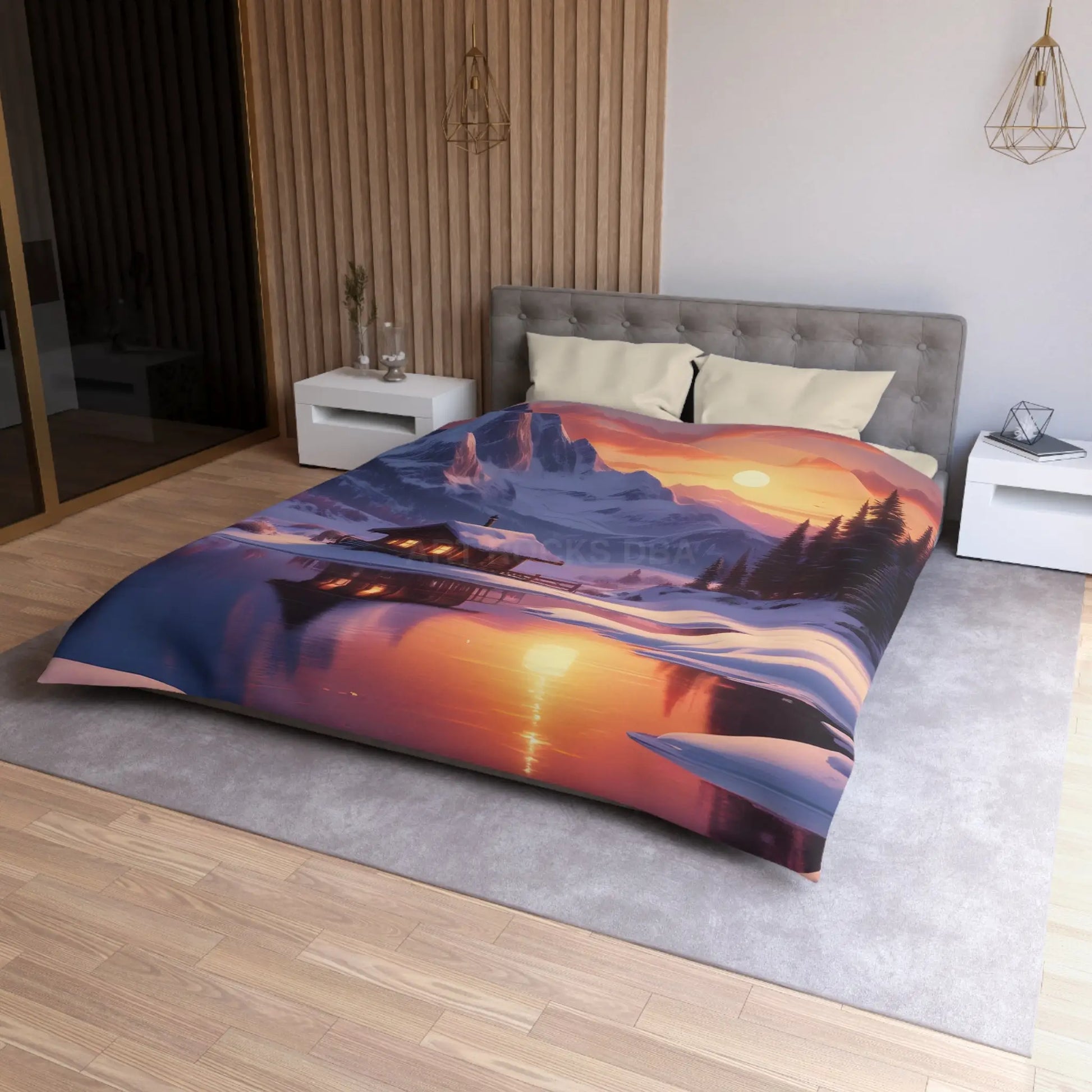 Serene Snowy Mountain Cabin Duvet Cover Cozy Bedroom Decor Winter Landscape Bedding Relaxing Home Textile Nature