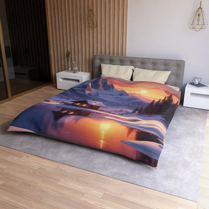 Serene Snowy Mountain Cabin Duvet Cover Cozy Bedroom Decor Winter Landscape Bedding Relaxing Home Textile Nature