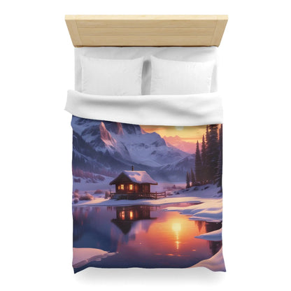 Serene Snowy Mountain Cabin Duvet Cover Cozy Bedroom Decor Winter Landscape Bedding Relaxing Home Textile Nature