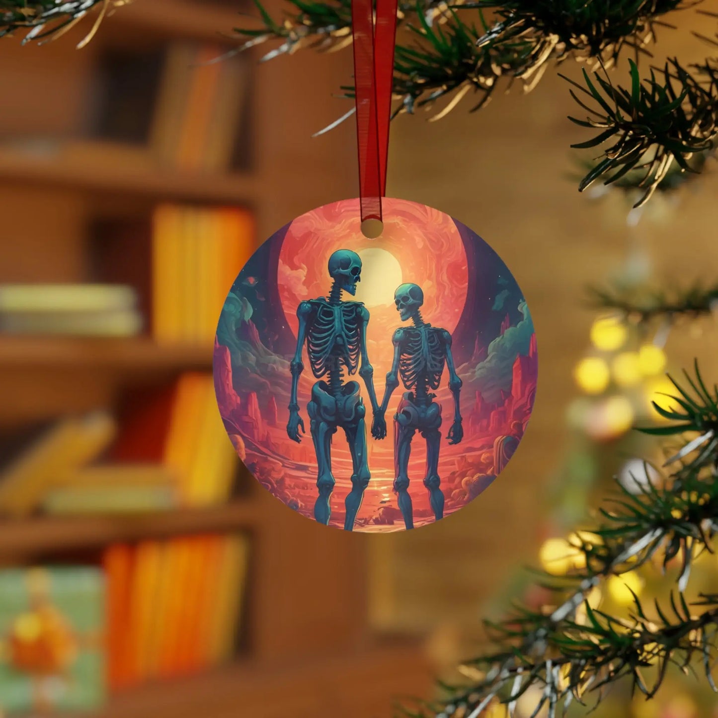 Skeleton Couple Metal Ornament — Romantic Gothic Holiday Decoration - Round / One Size - Home Decor