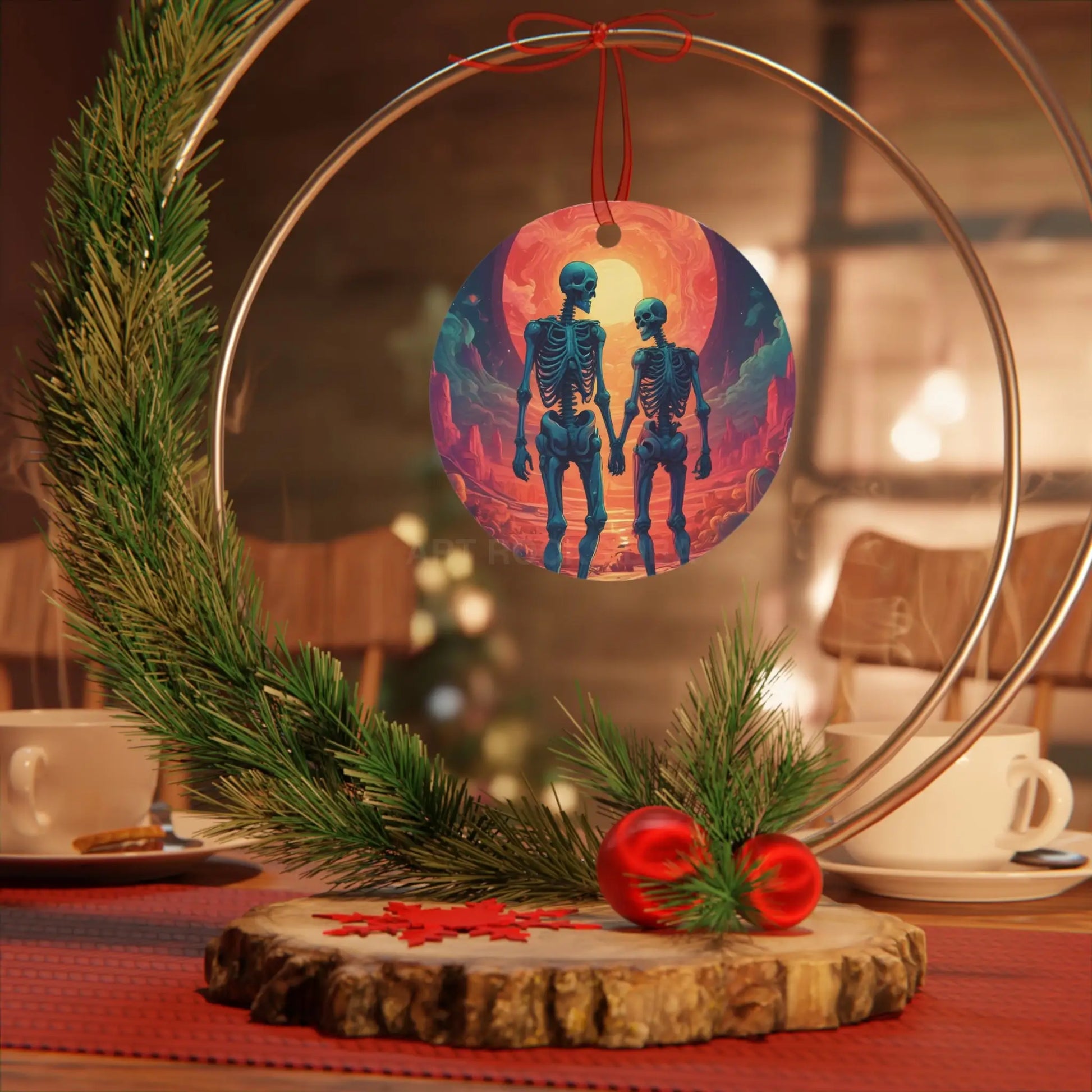 Skeleton Couple Metal Ornament — Romantic Gothic Holiday Decoration - Home Decor