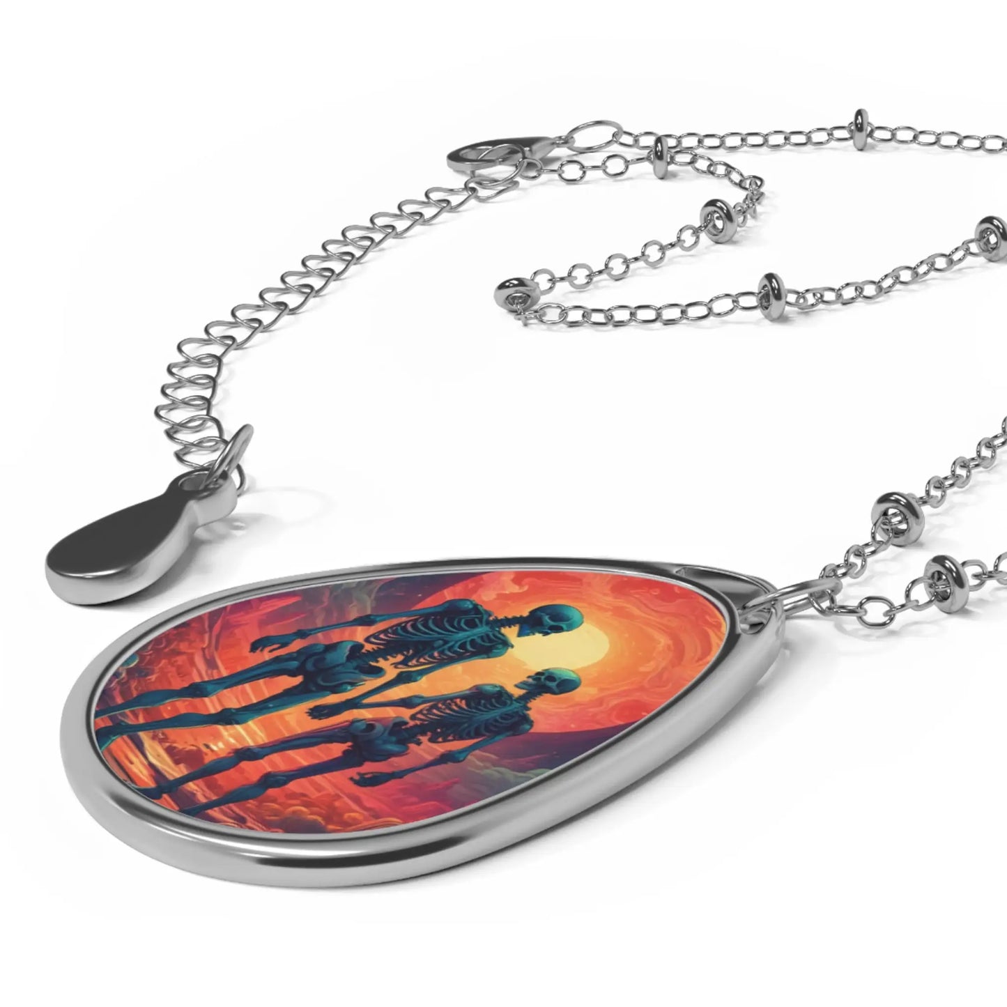 Skeleton Couple Oval Necklace — Gothic Romantic Pendant with Sunset Alien Silhouette - One Size / Silver - Accessories