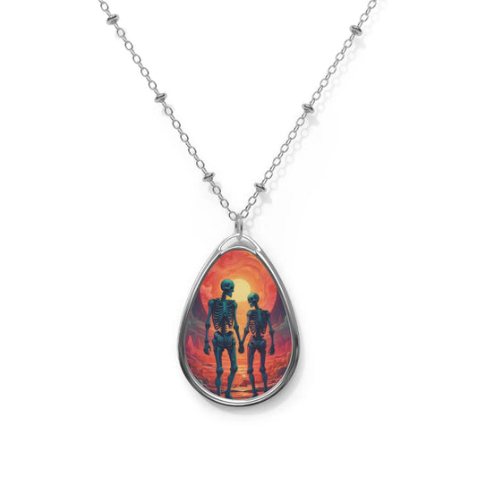Skeleton Couple Oval Necklace — Gothic Romantic Pendant with Sunset Alien Silhouette - One Size / Silver - Accessories