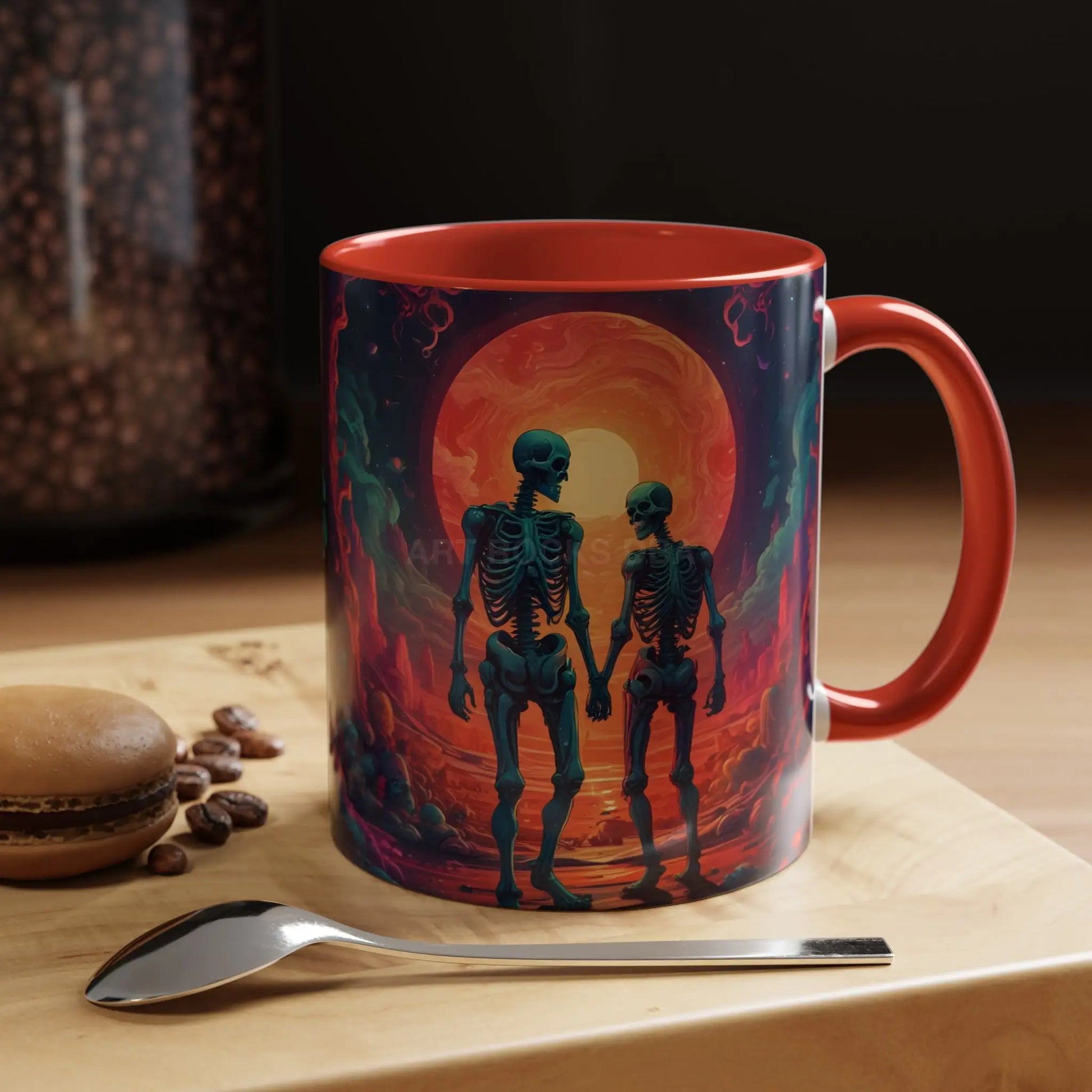 Skeletons in Love Accent Coffee Mug — Retro Neon Skull Couple 11/15oz - Mug