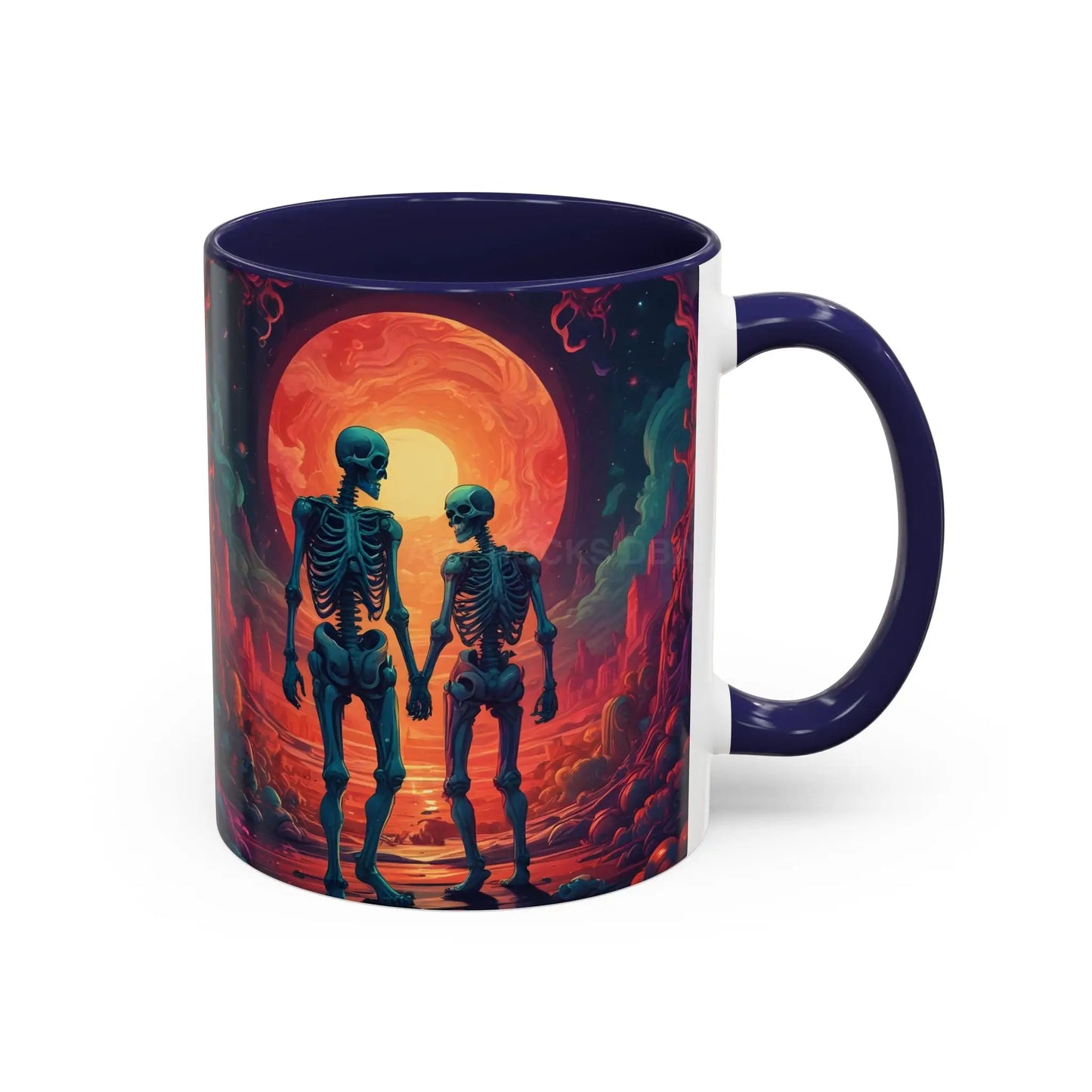 Skeletons in Love Accent Coffee Mug — Retro Neon Skull Couple 11/15oz - Mug