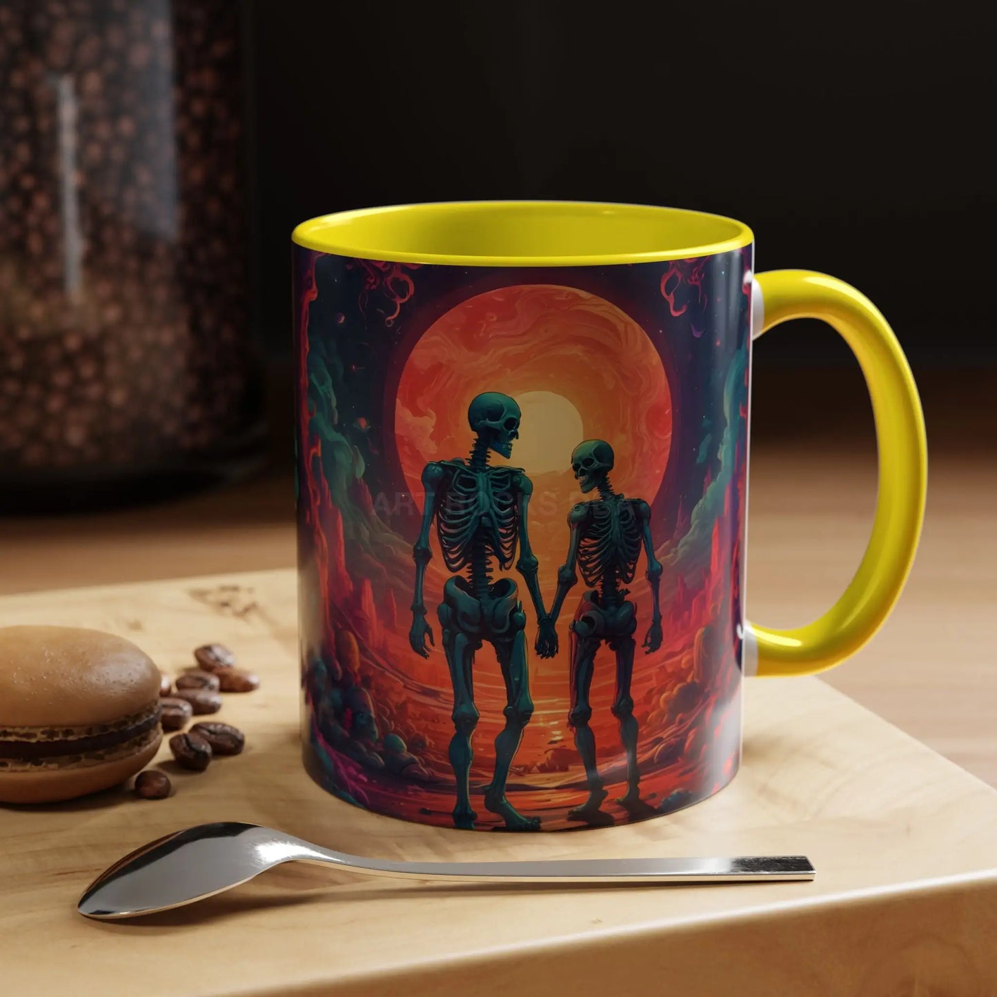 Skeletons in Love Accent Coffee Mug — Retro Neon Skull Couple 11/15oz - Mug