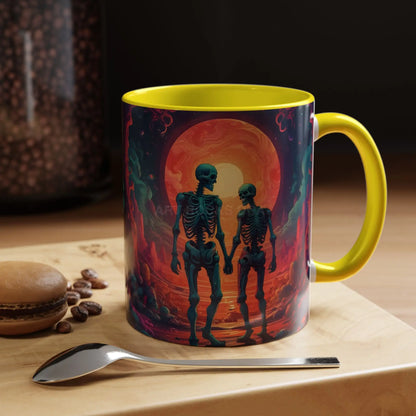 Skeletons in Love Accent Coffee Mug — Retro Neon Skull Couple 11/15oz - Mug