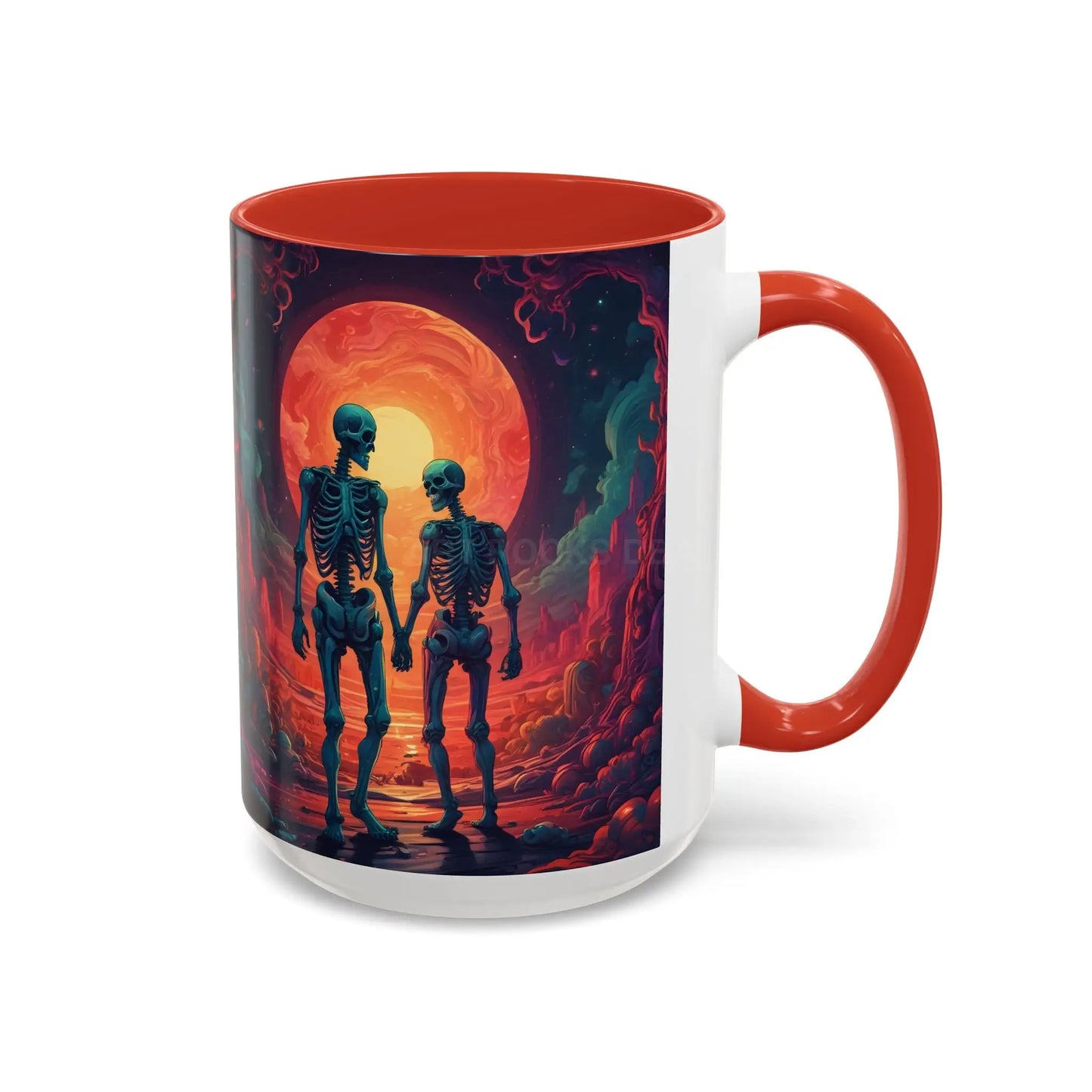 Skeletons in Love Accent Coffee Mug — Retro Neon Skull Couple 11/15oz - Mug