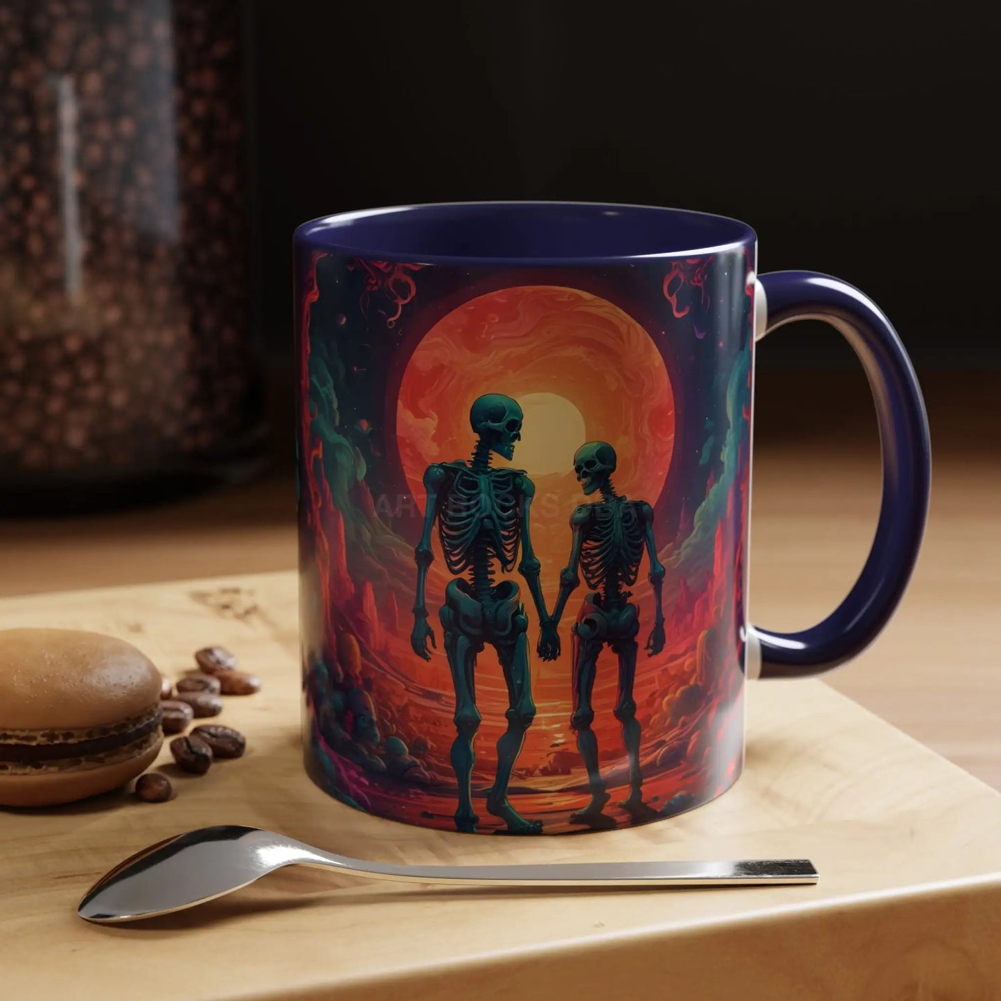 Skeletons in Love Accent Coffee Mug — Retro Neon Skull Couple 11/15oz - Mug